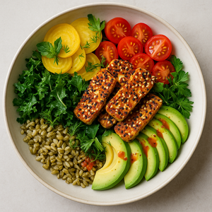 Seeded halloumi and harissa rainbow bowl